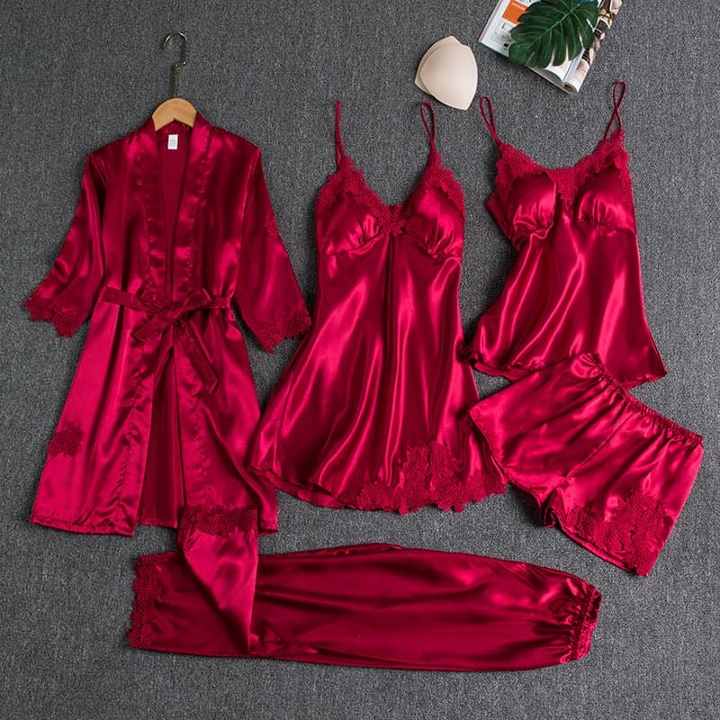 Sexy Pajamas for Women Spring and Autumn Thin Ice Silk Suspender Breast Pad Nightgown Five-piece Set Bathrobe Women's Summer Nightgown