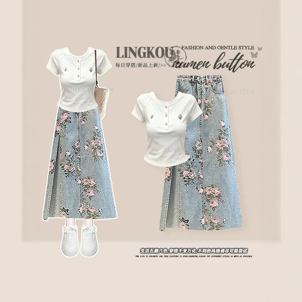 Plus Size Summer New Gentle Style Set Women Simple Chic T-Shirt Top with Floral Denim Skirt Two-Piece Set