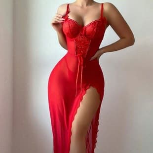 Cross-border Trade Sheer Long Dress Set INS Amazon European and American Floral Lingerie Sleepwear Sexy Hollow Lace