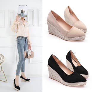 AliExpress Wedge Heel Flats Women 2021 Spring Autumn New Pointed Toe Shallow Mouth Thick Heel Work Shoes Chunky Heel Woven