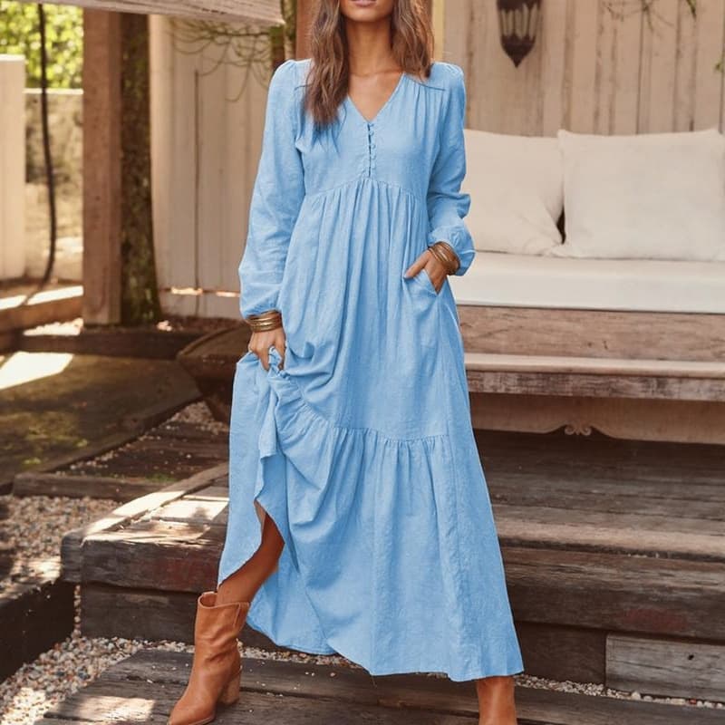 Spring and Autumn 2025 European and American foreign trade women's clothing buttoned cotton and linen retro casual long-sleeved dress with large hem and multi-color