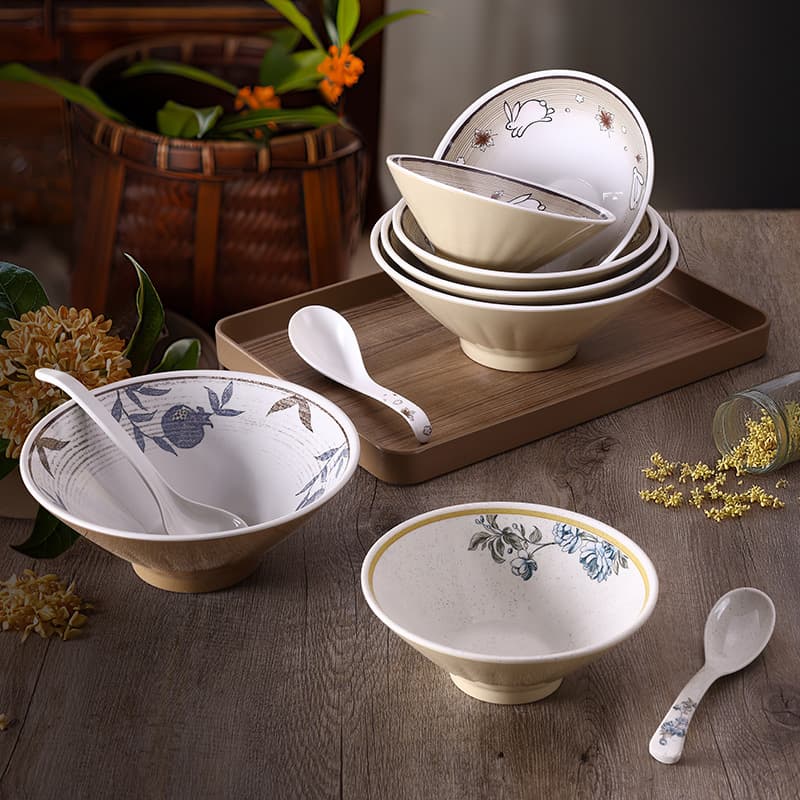 Melamine New Chinese Style Noodle Shop Ramen Bowl High Aesthetic Soup Noodle Bowl High-Footed Bamboo Hat Bowl Commercial Beef Noodle Imitation Porcelain Noodle Bowl