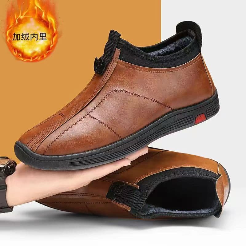 Winter New Middle-Aged Genuine Leather Men's Cotton Shoes Anti-Slip Leather Shoes Fleece-Lined Thick Warm Soft Sole Dad's Cotton Leather Shoes