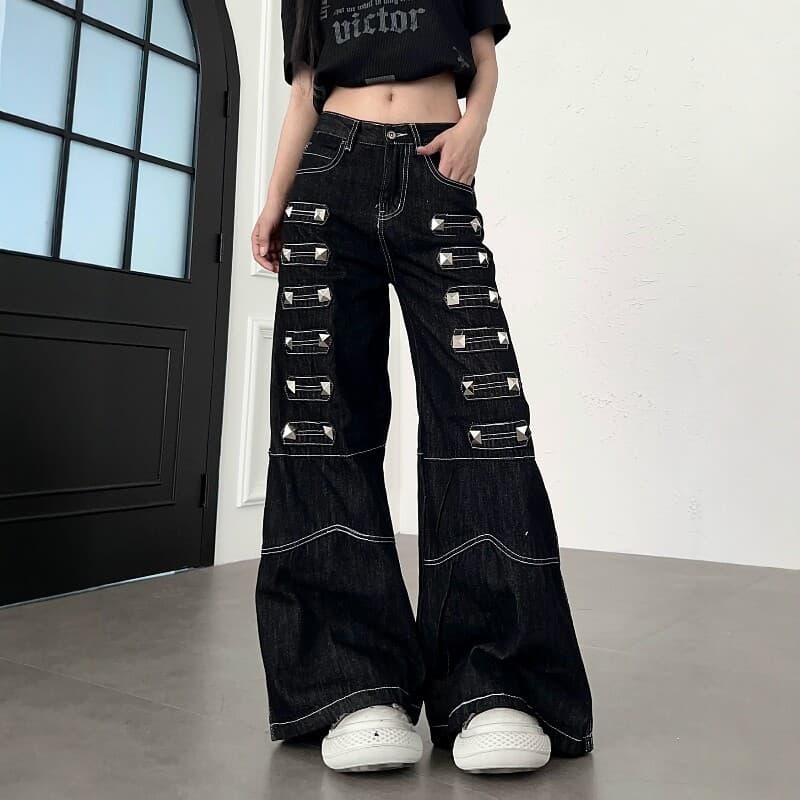 American Retro Light Y2K 3D Rivet Design Deconstructed Jeans Unisex High-Street Loose Straight-Leg Flared Wide-Leg Pants