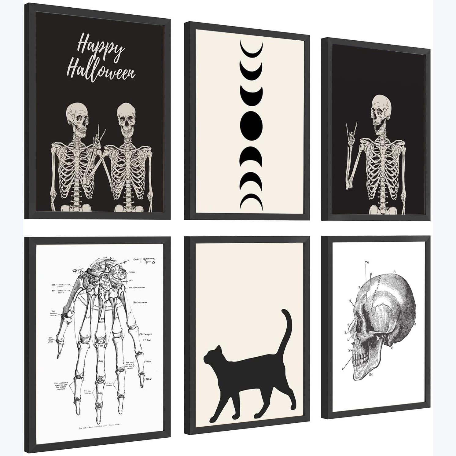 Halloween Wall Art Posters Set of 6 Black Cat Skull Moon Phases Canvas Decoration Painting Retro Fun Posters