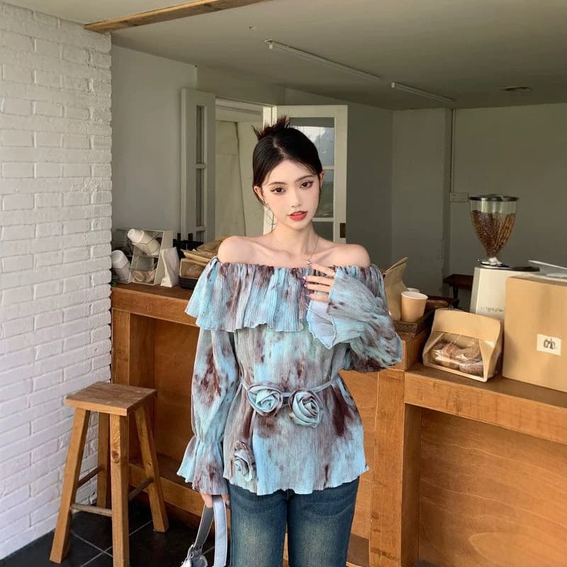 Plus Size Ink Wash Painting Style Ruffle Retro Flared Sleeve French Off-Shoulder Long Sleeve Blouse for Women