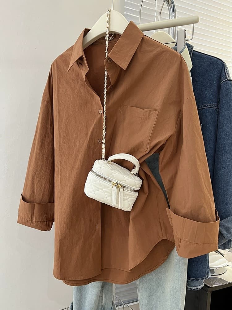 Simple Korean Loose Plus Size Women's Shirt Spring Autumn Layering Blouse Jacket Washed Cotton Versatile Top
