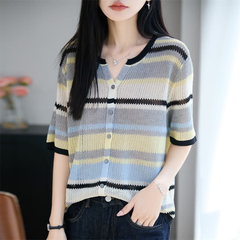 Pearl linen V-neck rolled edge knit cardigan women's short-sleeve hollow-out color-block stripe loose versatile top spring-summer new