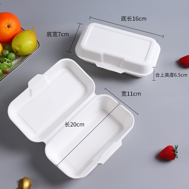 Rectangular pulp biodegradable commercial takeout containers with integrated packaging for hot dogs, desserts, and bento boxes.