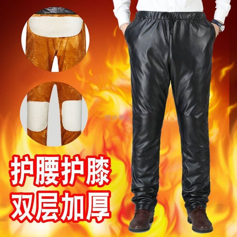 2025 Men's Middle-Aged and Elderly Loose Casual Fleece-Lined Warm Oil-Proof Waterproof Windproof Pants Men's Motorcycle Leather Pants