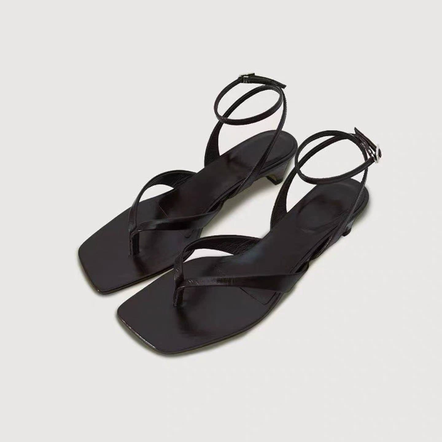 Jiudu Quality Women's Shoes 2026 New Summer Square Toe Toe-Post Slide Sandals with Kitten Heel and Ankle Strap