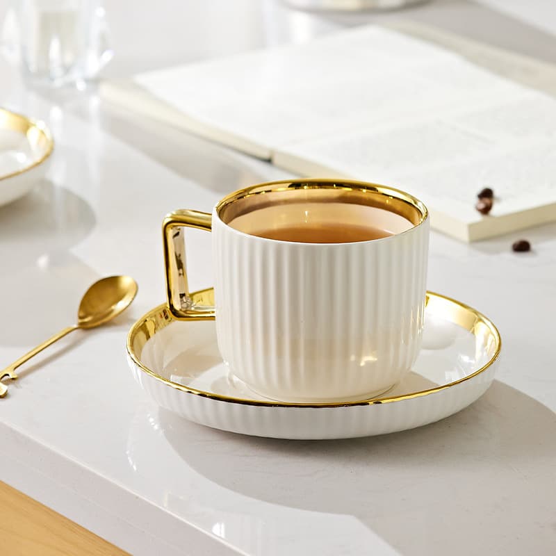 Export Trade Ceramic Home Light Luxury European Style Gold Rim Coffee Cup Striped Mug Cross-border Espresso Cup and Saucer Restaurant