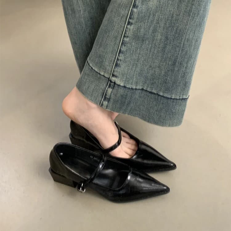Cowhide version ~ temperament pointed toe shoes 2025 new spring and autumn one-line buckle shallow black commuting thick heel shoes for women