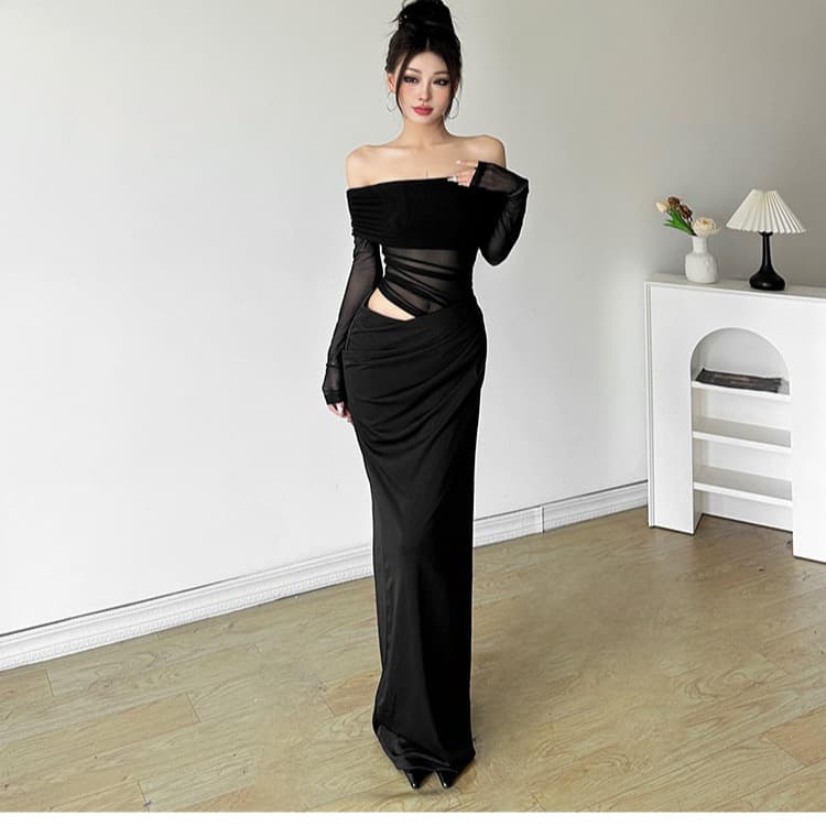 Sexy Spicy Girl Mesh Tube Top Dress Women's Autumn New Waist Slim One Shoulder Design Long Skirt Polyester Fiber Full Sleeve
