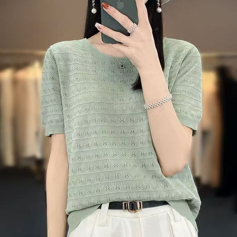 Drop Shipping Spring/Summer New Short-Sleeve Knit Top for Women, Round Neck Pullover T-Shirt with Hollow Crochet Pattern