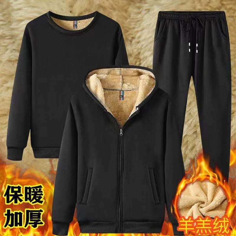 Lamb Velvet Thickened Winter Sports Set Men Casual Long Pants Hoodie Sweatshirt Warmth Comfortable Breathable Polyester Fiber
