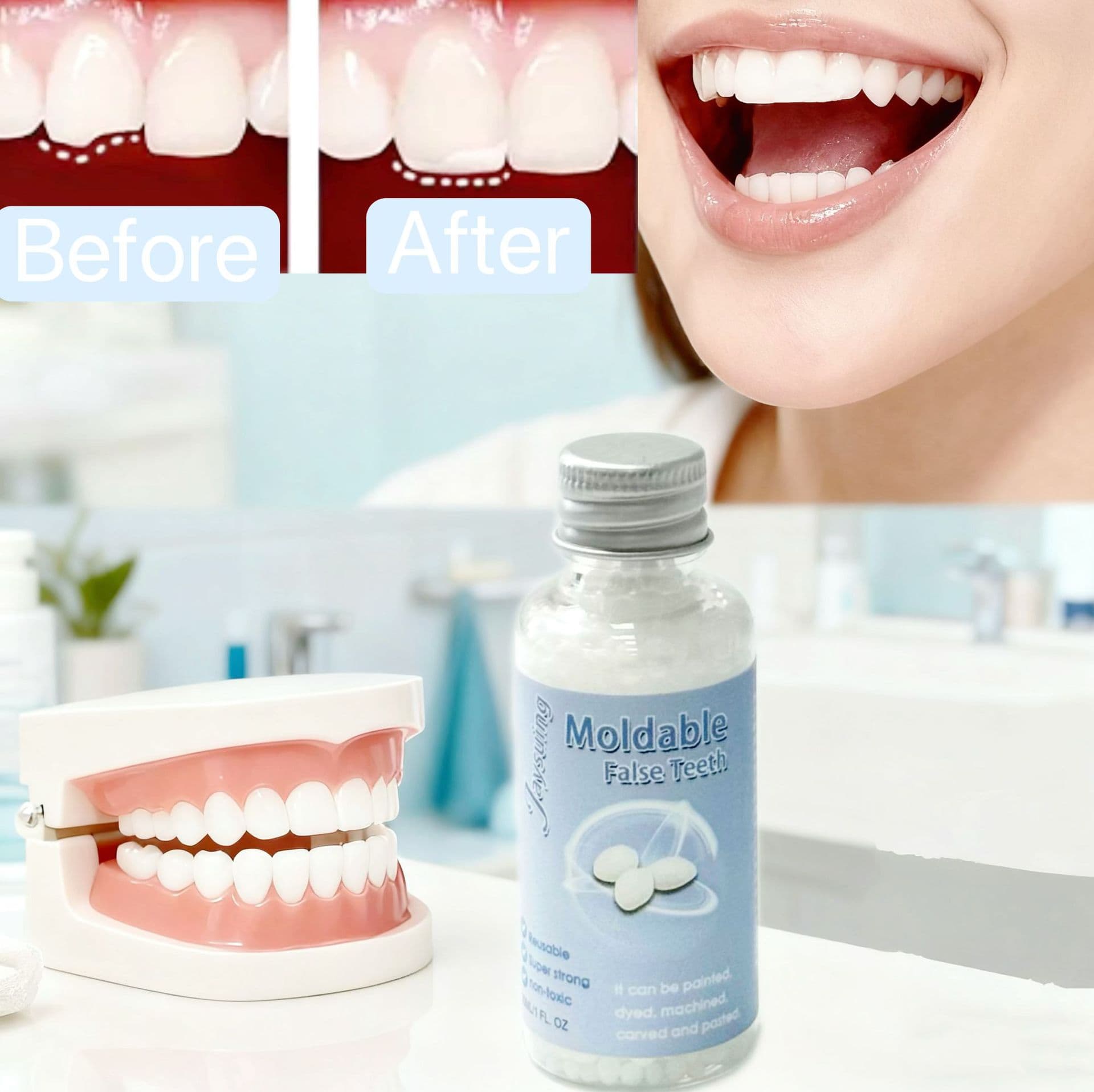 Cross-border teething gel, moldable dentures, fillings, temporary fillings for film and television, cosmetic embellishments, fake fillings, gap teeth gel