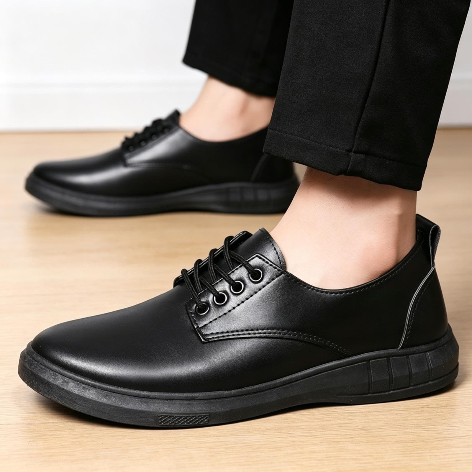 Men's Leather Spring Casual Business Formal Shoes, Trendy Versatile Black Lace-up Work Shoes, Wedding Groom Shoes
