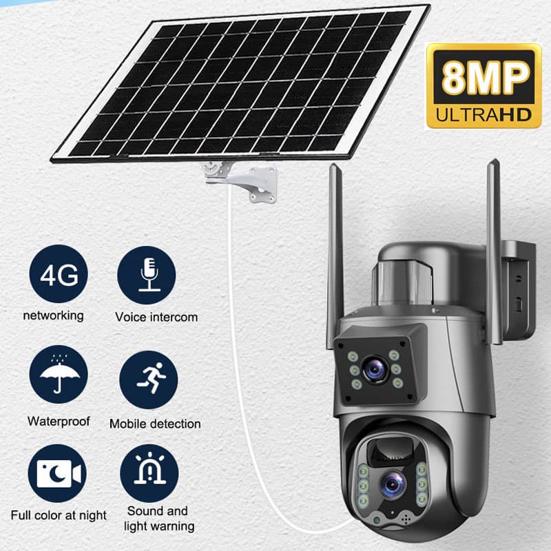 8MP Ultra Clear Solar Camera 4G Home Dual Lens Dual Screen Outdoor 4K Wireless WiFi Network Monitor