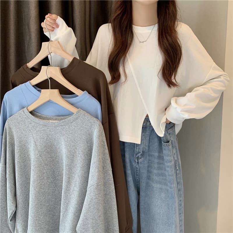 Cropped Irregular Split Round Neck T-Shirt for Women, Fall/Winter Designer Loose Fit Top Pairs with Cargo Pants