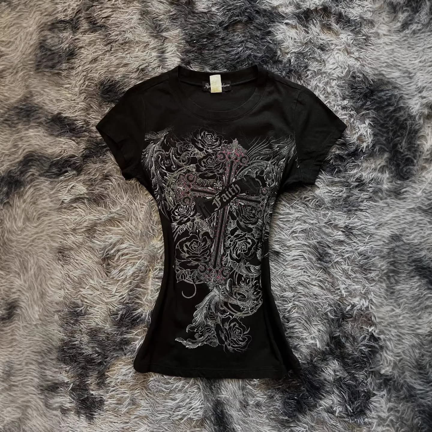Subculture 2026 Spring/Summer New Gothic Y2K Dark Vintage Sexy Round Neck Cinched Waist Pullover T-Shirt