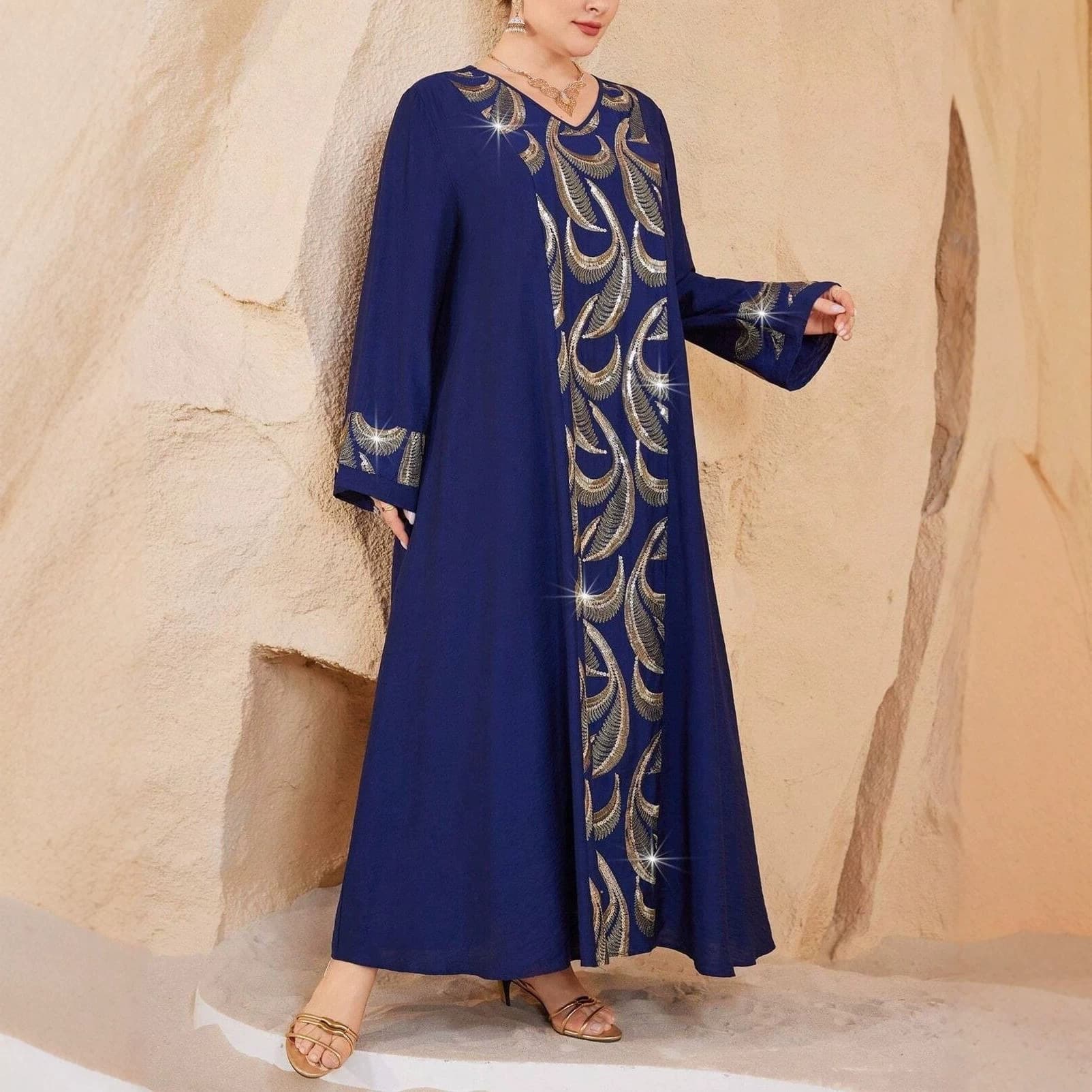 Plus Size Women's Royal Blue Heavy Embroidery Long Dress Loose Fitting Slimming Formal Maxi Dress