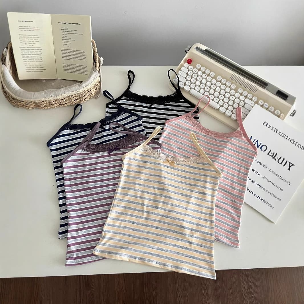 Summer Thin Lace Trim Bow Stripe Camisole Top Women's Vest Outerwear Innerwear Sleeveless Top