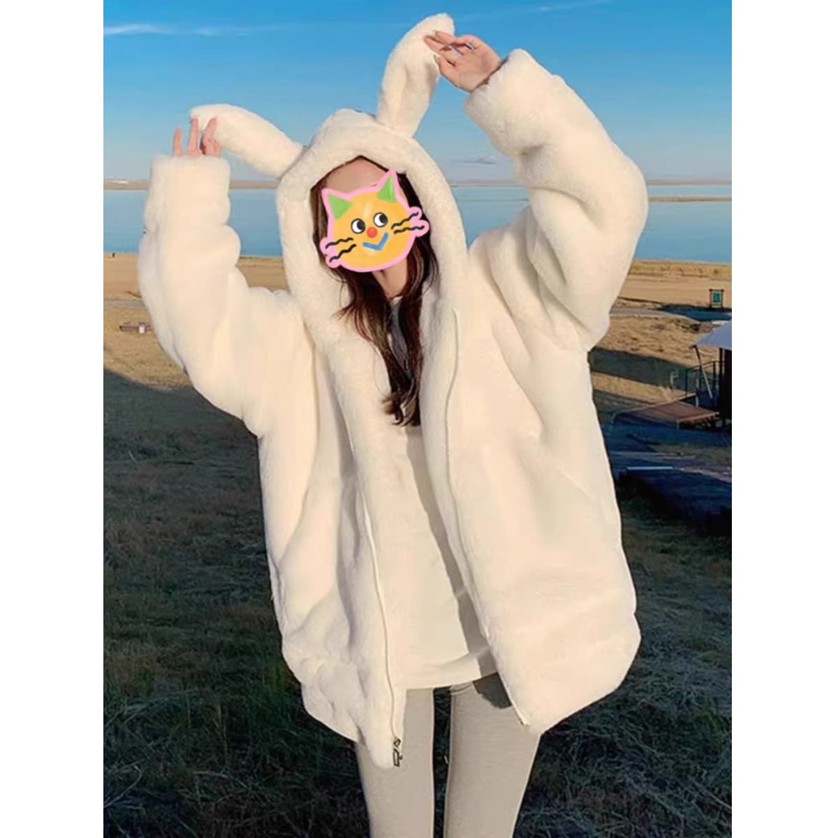 Cute Bunny Ear Faux Rabbit Fur Plush Cotton Coat for Women Autumn Winter Mid-Length Thick Lamb Wool Coat