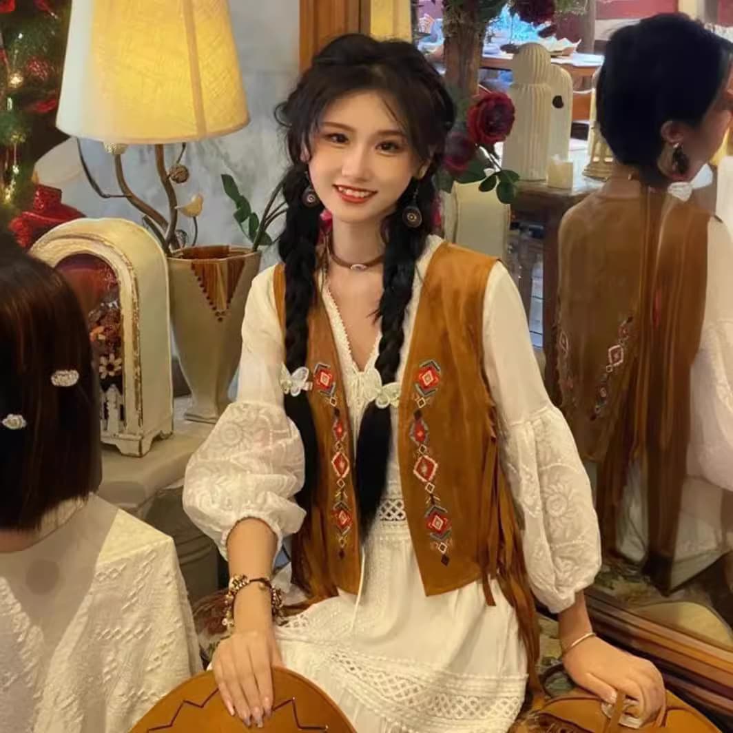 2024 New Cross-Border Bohemian Vintage Fringe Embroidered Ethnic Vest for Women Outerwear Travel Outfit Vintage Style