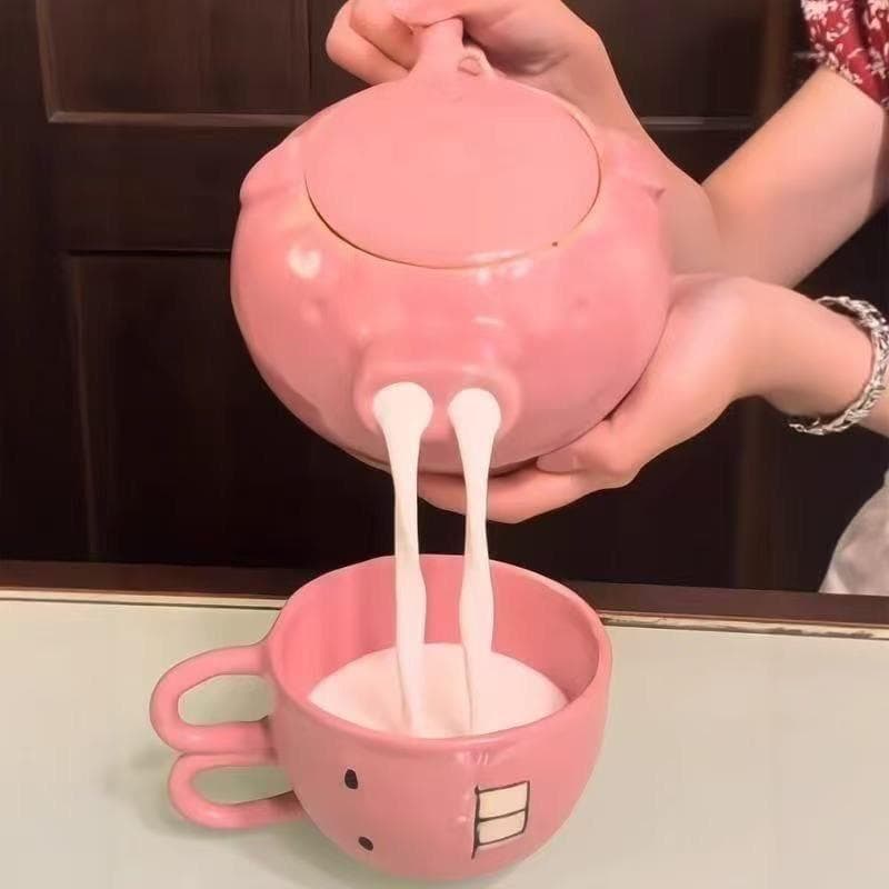 Ceramic Teapot Funny Nose Flowing Water Teapot Interesting Cup Pig Head Tea Set Gift for Friends Birthday Gift