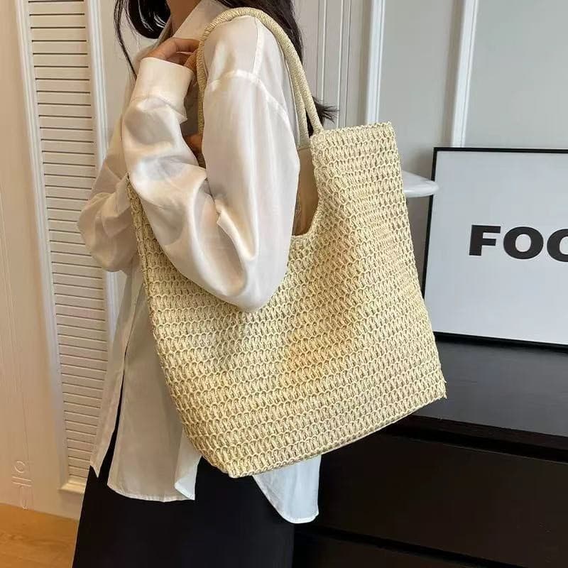 Straw Woven Tote Bag New Minimalist Versatile Beach Bag Vacation Style Large-Capacity Hand-Woven Bag Hollow-Out Commuter Bag