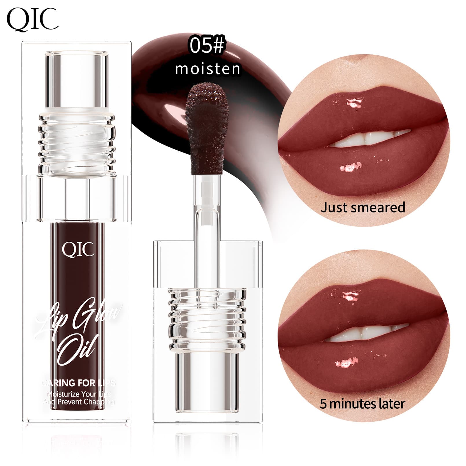 QIC Lip Oil 6-Color Clear Bottle Fine Glitter Color-Changing Lip Oil Water-Gloss Glass Lip Moisturizing Nourishing Lip Gloss Lip Glaze