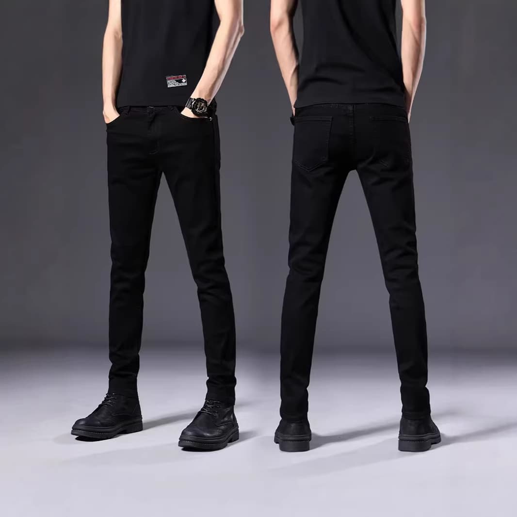 Cross-Border Pure Black Men's Jeans, Spring Thin Style, Slim Fit, Stretchy Skinny Pants, Versatile New Men's Trousers