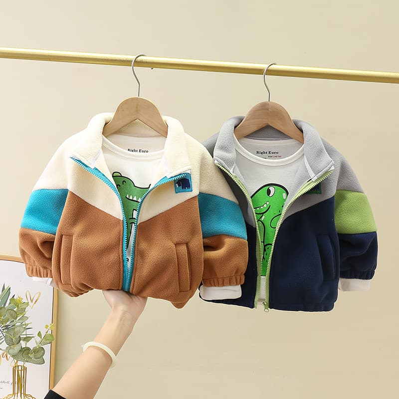 Boys' Fleece Jacket Autumn Winter 2024 New Kids Color Block Warm Top Toddler Outerwear Fashion