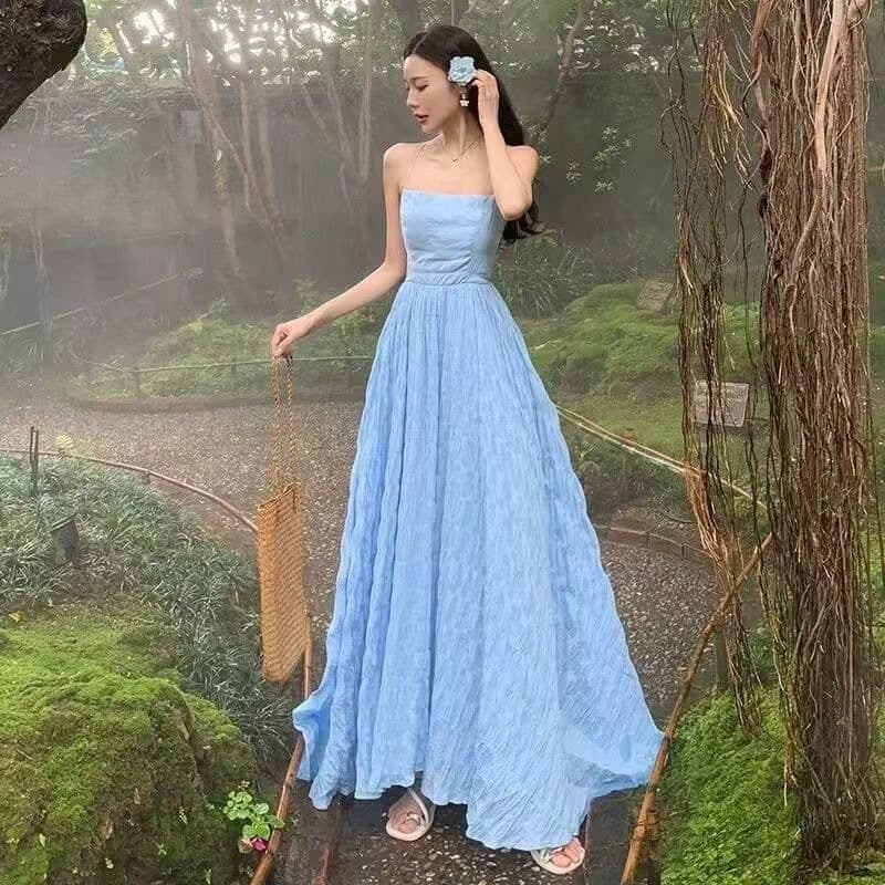 Summer Ocean Blue Pure Vacation Style Backless Waist-Cinching Slimming Wide Hem Spaghetti Strap Maxi Dress Beach Vacation Dress