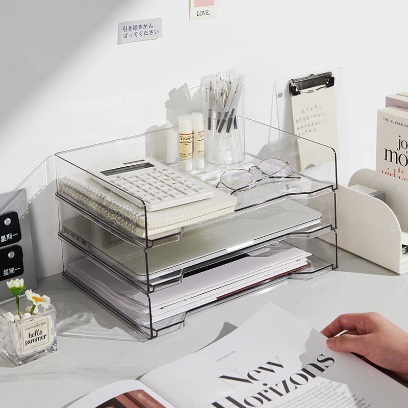 Transparent Desktop File Organizer Shelf Office Desk Book Acrylic Drawer Document Storage Box