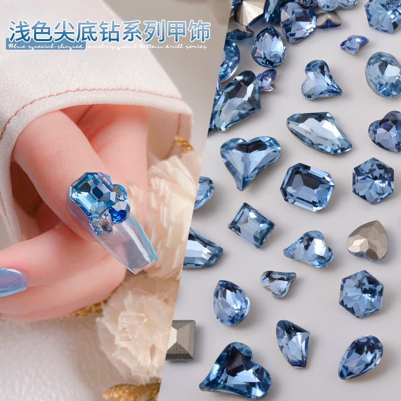 Nail Art Light Blue Pointed Bottom Rhinestones, Light Blue Marquise Irregular Pointed Bottom Rhinestones, Crooked Heart Nail Rhinestone Decorations