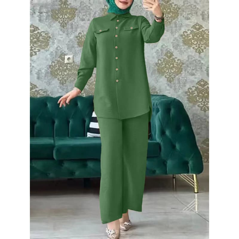 Hot Selling Abaya Suit Long Sleeve Button Front Top + Straight Leg Pants Elegant Casual Set