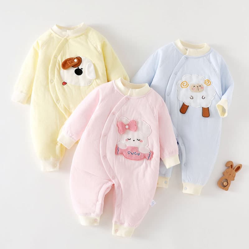 Autumn Winter Baby Onesie Thin Cotton Padded Jacket Thickened Newborn Cotton Clothes Side Button Belly Protection Baby Going Out Wear Cute