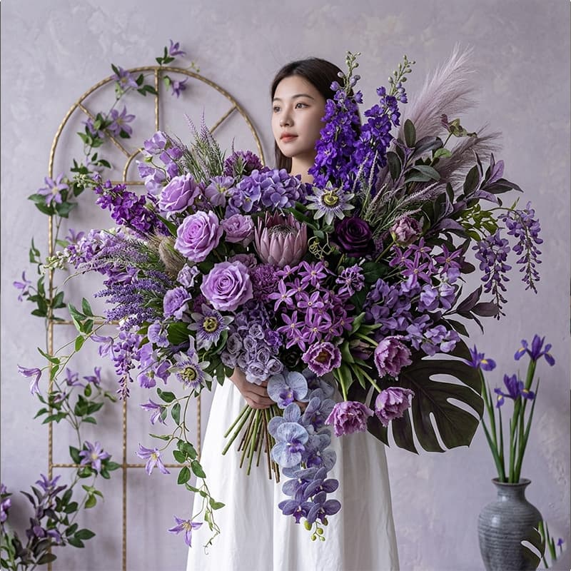 Purple artificial flowers for wedding scenes, artificial flowers for weddings, purple lily artificial flowers wholesale