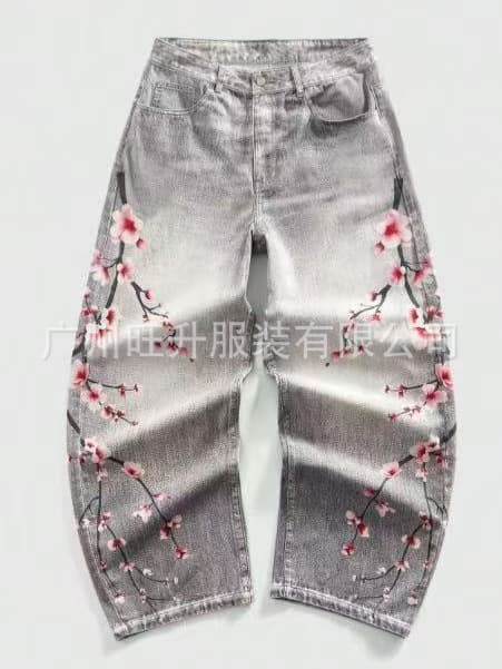 Cross-border Y2K American Retro Heavy-Duty Floral Embroidery Wide-Leg Jeans Unisex High-Street High-Waist Street Pants Ins