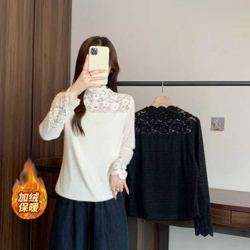 Real shot of 2025 autumn/winter new plus-size women's lace semi-high neck long-sleeve T-shirt, fleece-lined warm inner layer top.