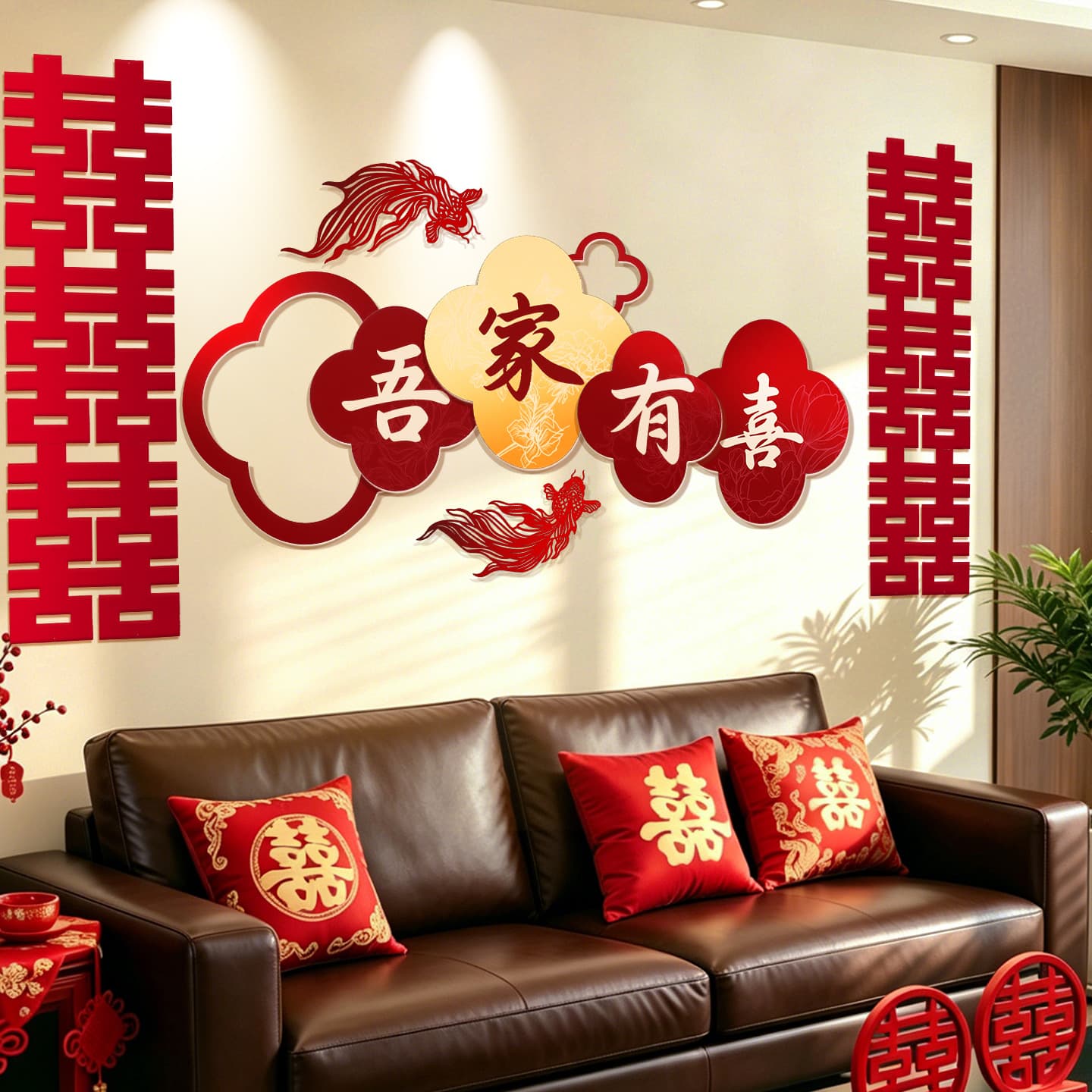 Wedding sofa background wall decoration man's living room new house wedding room layout high-end decoration wedding happy word kt board