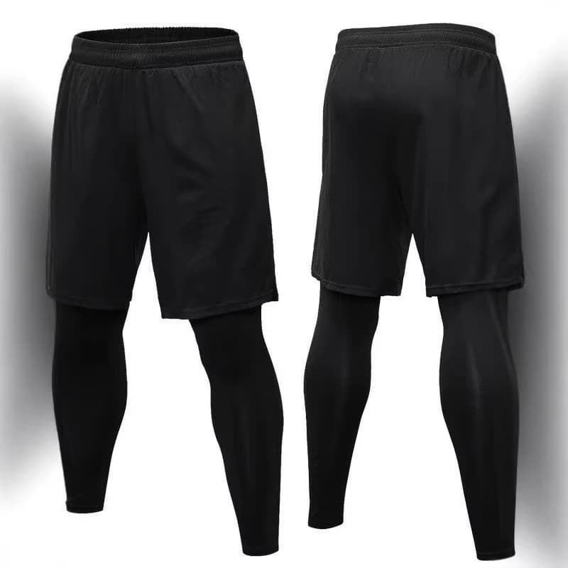 Faux Two-Layer Sports Shorts for Men Basketball Track Running Sweat-Wicking Quick-Dry Compression Pants Gym Training Base Layer Long Pants
