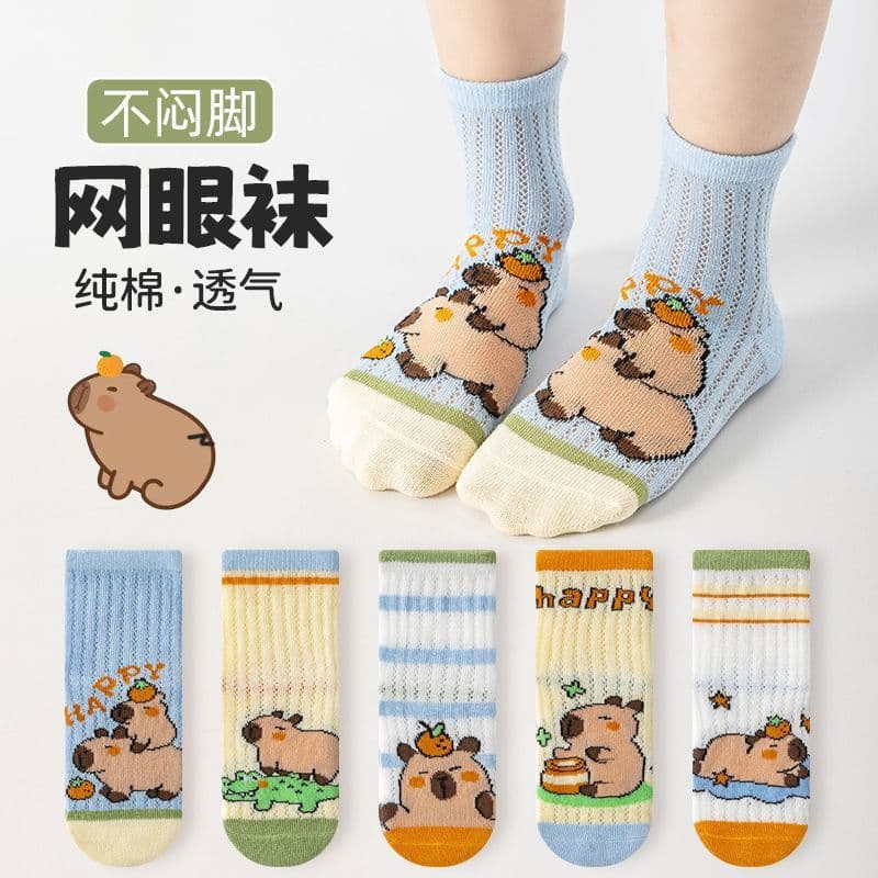 Capybara Boys' Socks Summer Thin Short Socks Kids Mesh Breathable Baby Boys Mid-Calf Cartoon Cotton Socks