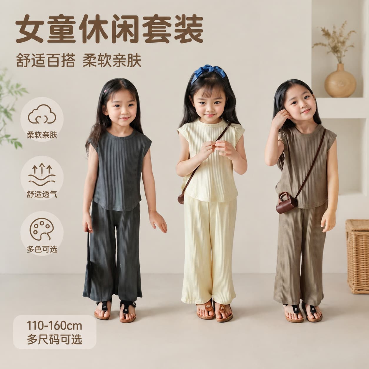 Two-Piece Set Ribbed 2026 New Summer Outfit Long Pants Ice Silk Girl Matching Sleeveless Vest for Toddler