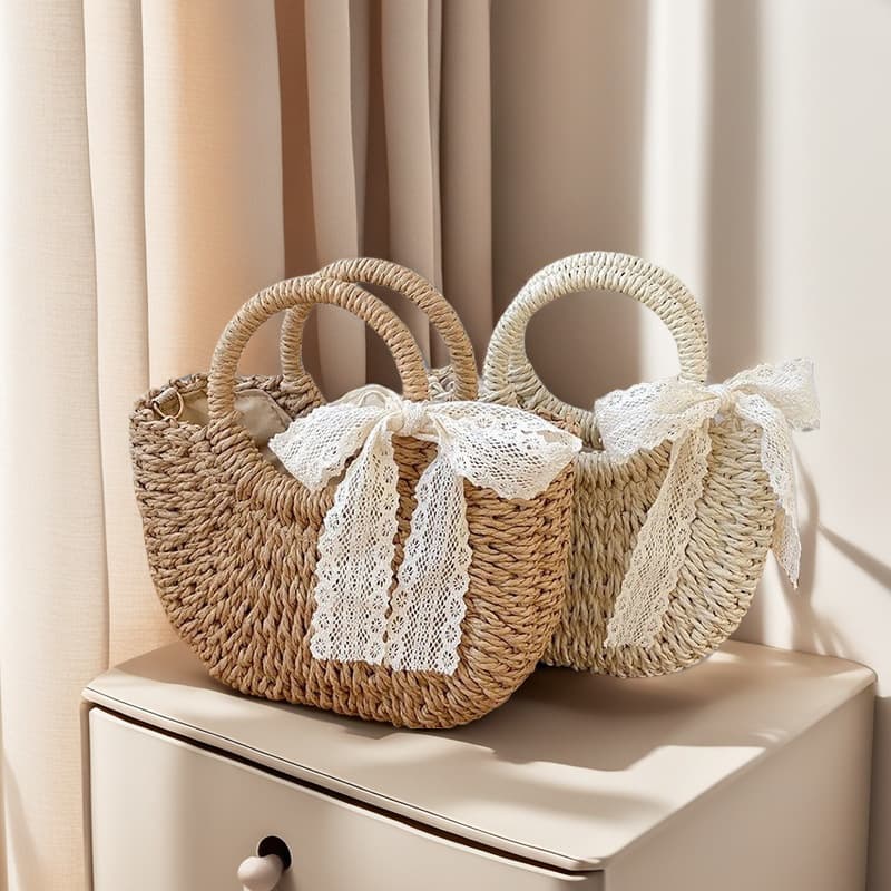 Bow Crossbody Woven Straw Bag New Style Woven Bag Shoulder Bag Women Forest Style Handled Basket Bag Vacation Beach Bag