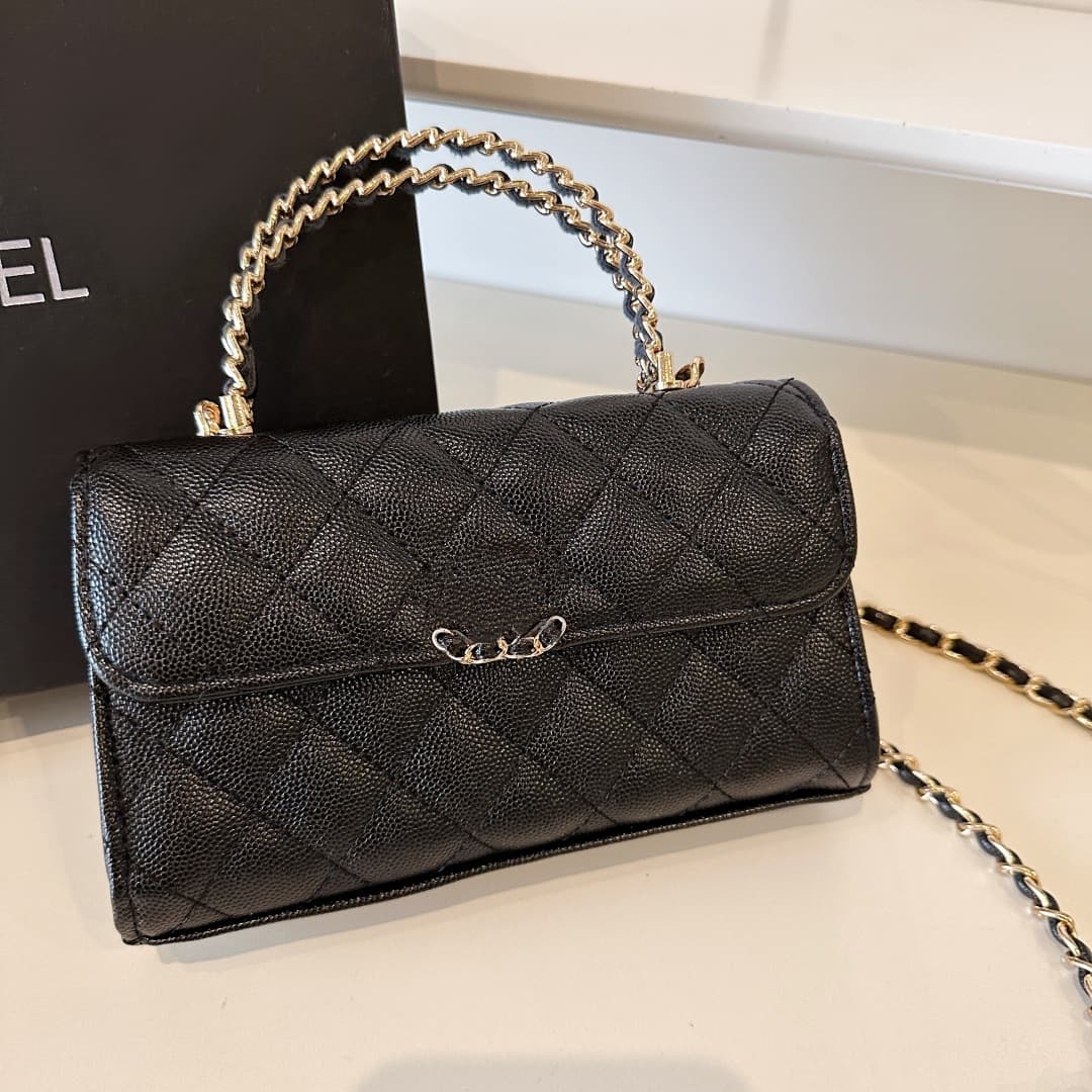 Women's Handbag with Metal Handle, Small Chanel-Style Bag, Caviar Leather, Luxury Brand Shoulder Crossbody Bag