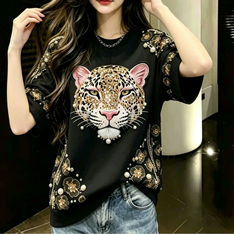 2026 Summer New French Style Light Luxury Beaded Leopard Print Short Sleeve T-Shirt for Women Black High-End Fashion Top