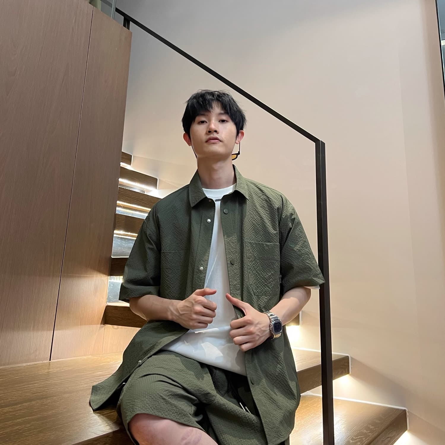 Oversized Short Sleeve Shirt Set for College Students Summer New Men's Bubble Plaid Casual Workwear Set Thin Wide Fit Set